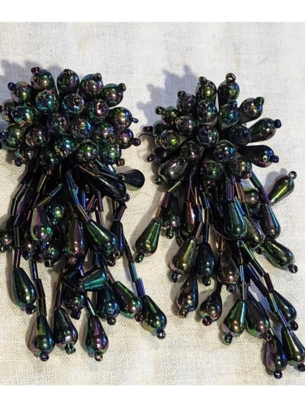 Vintage Iridescent Oil Slick Beaded Chandelier Clip-On Earrings